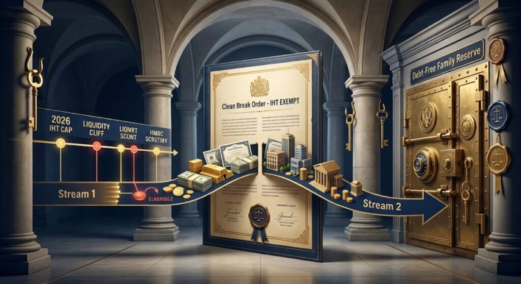Architectural visualization of a Matrimonial Shield. A 'Clean Break Order' document acting as a firewall to protect intergenerational wealth from UK IHT.