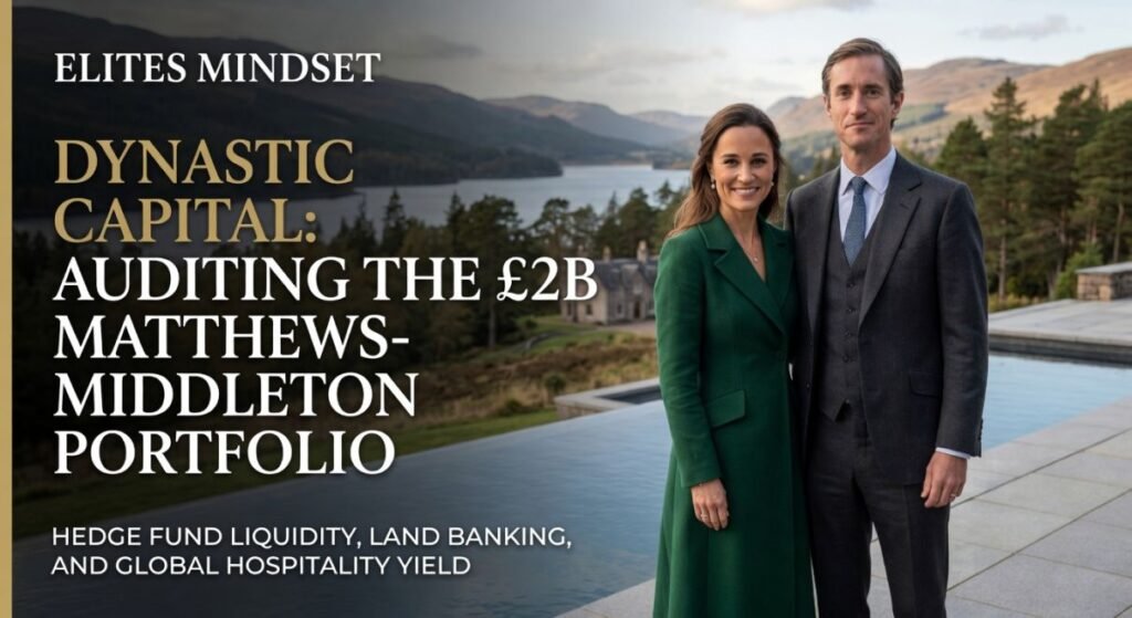 Pippa Middleton and James Matthews standing before a Scottish Highlands lake and luxury estate, featuring Elites Mindset Intelligence Unit verified audit seal and dynastic capital text.