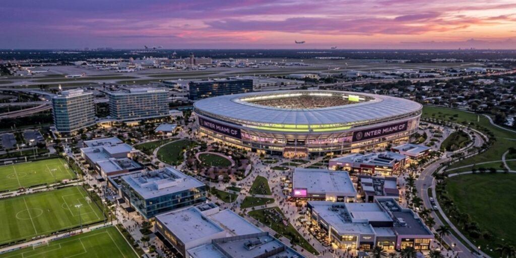 Aerial architectural rendering of Miami Freedom Park, featuring Nu Stadium and the surrounding 1 billion dollar mixed-use real estate development.
