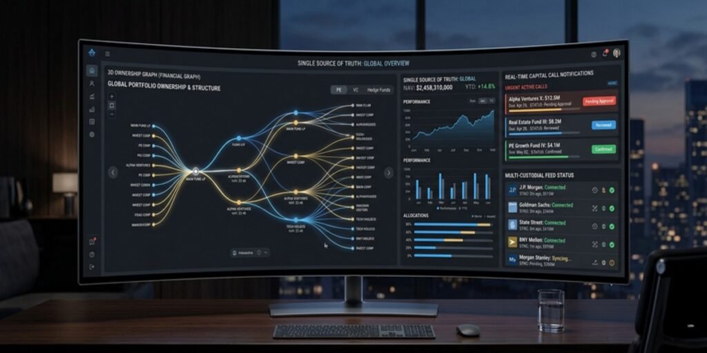 A professional wealth management dashboard showing real-time reconciliation of liquid assets and illiquid private equity within a single source of truth.