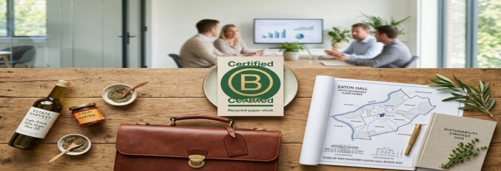 A symbolic representation of Olivia Henson’s professional background, combining B-Corp sustainability icons with the Grosvenor estate's architectural heritage.