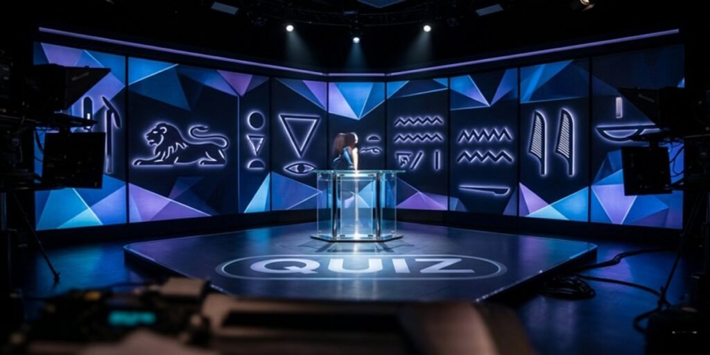 Minimalist television studio set inspired by the BBC Two quiz show Only Connect hosted by Victoria Coren Mitchell.