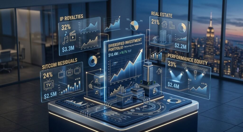 A 3D isometric bar chart showing the breakdown of Paul Nicholas's £8.5M–£12M net worth across liquid assets, IP royalties, and performance equity.