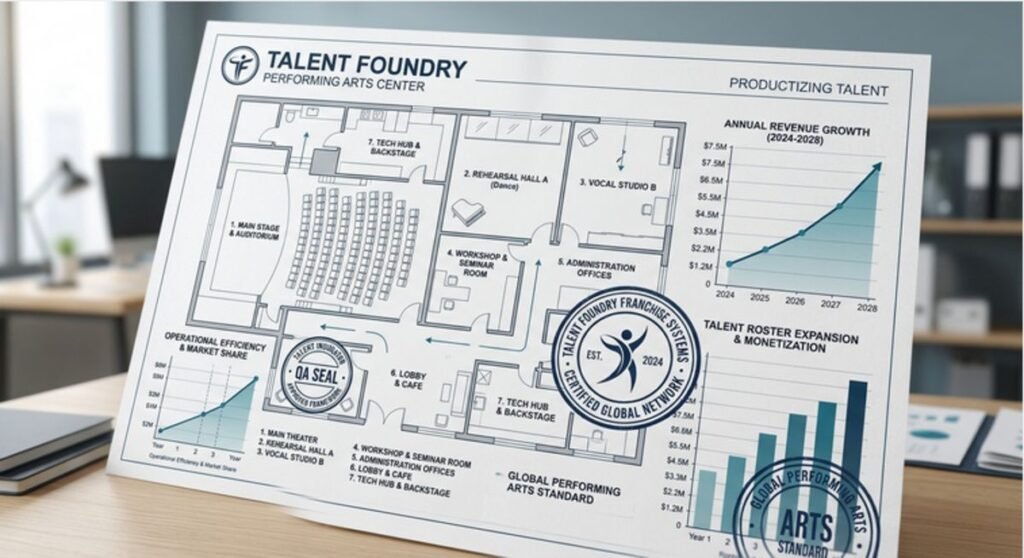 An architectural floor plan of a performing arts studio overlaid with financial growth charts and a gold franchise seal.