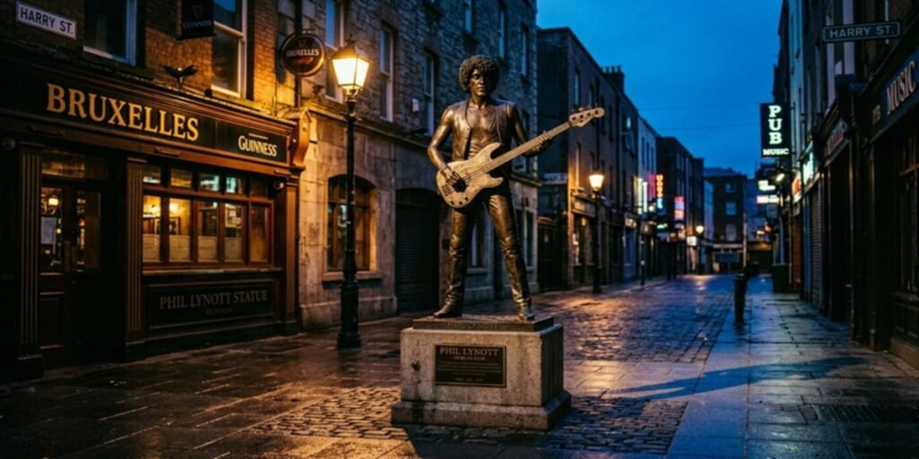 The Phil Lynott bronze statue in Dublin, representing the cultural anchor and brand trademark protection of the Lynott estate.