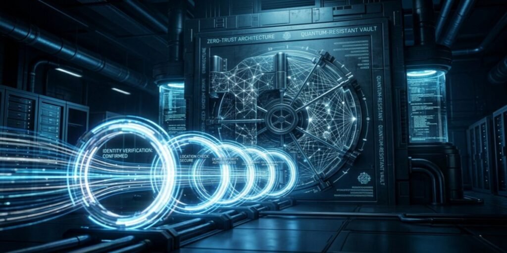 A conceptual visualization of post-quantum encryption and zero-trust architecture protecting sensitive UHNW family data.