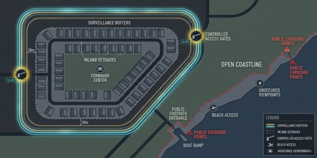 Tactical map diagram contrasting the privacy vulnerabilities of oceanfront property with the internalized security of a gated golf community.