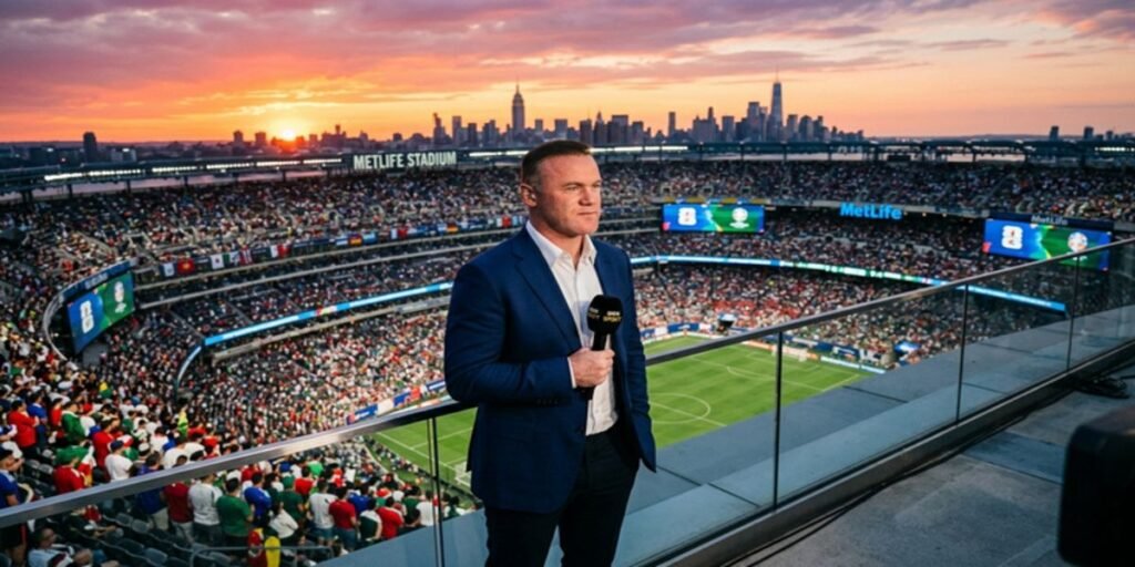 Wayne Rooney overlooking a major US stadium during the 2026 World Cup, representing his global media syndication strategy.