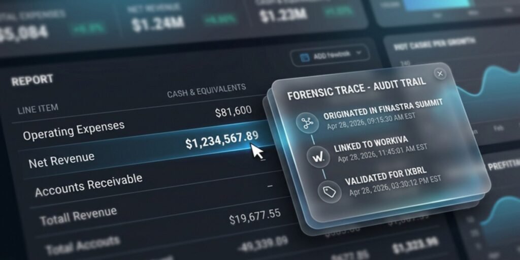 A timeline view of a single financial fact, showing its origin in Finastra, its movement through Workiva, and its final iXBRL tag in an SEC filing.
