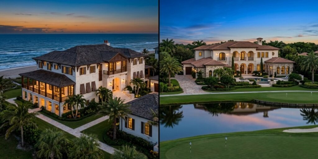 Side-by-side comparison of a 25,000 sq ft oceanfront estate and a 13,000 sq ft gated golf community residence.