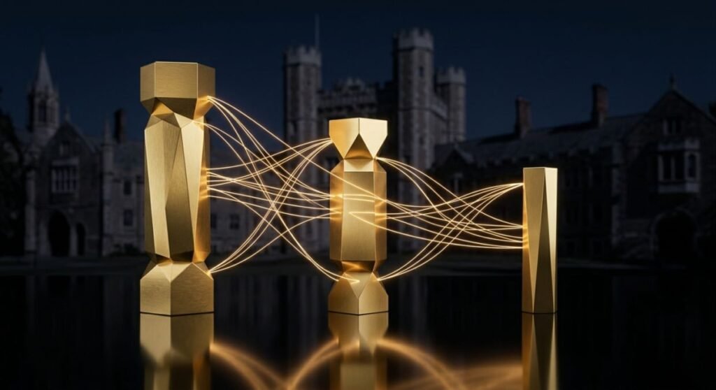 Abstract gold pillars representing the intergenerational continuity and educational privacy of the Shue-Hageney lineage.
