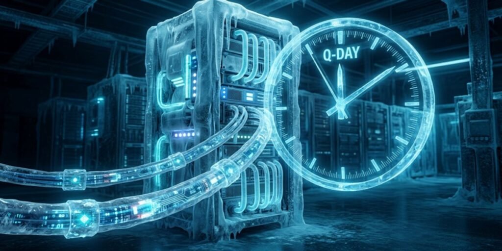 A conceptual image of encrypted data being "frozen" for future decryption by quantum computers, illustrating the Store Now, Decrypt Later (SNDL) threat.