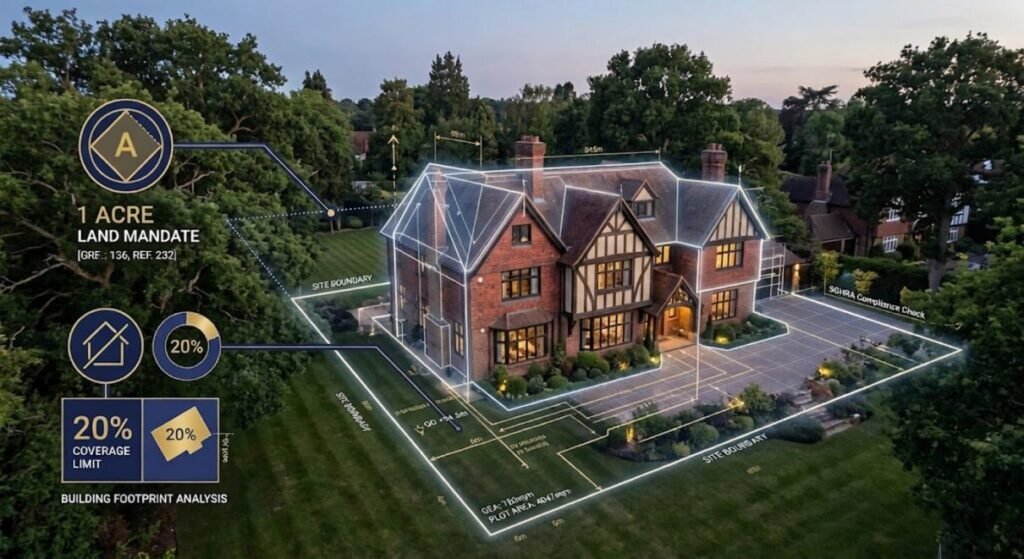 Architectural blueprint overlaying a photo of a Tarrant-style mansion.