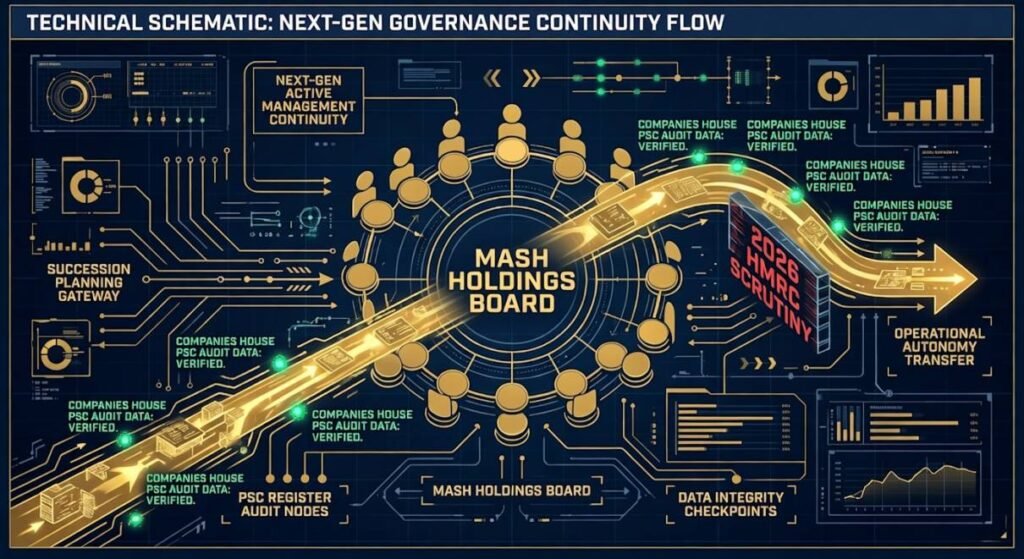 Technical schematic of the Succession Loop governance model. Flowchart shows next-gen board appointments and PSC audit data verification.