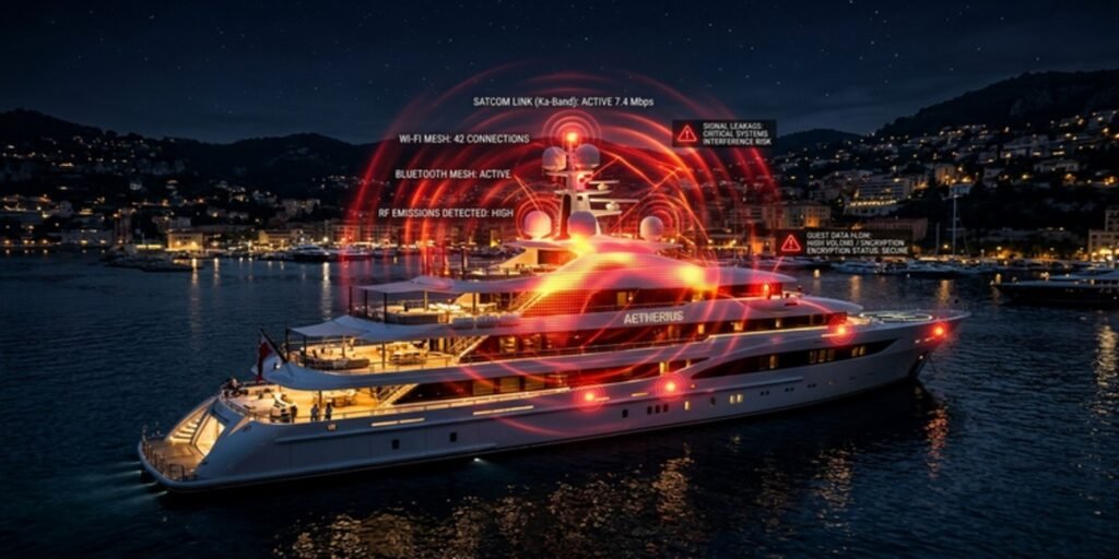 A digital heat map overlaying a luxury yacht, highlighting the RF and IoT signal emissions that create cyber-vulnerabilities.
