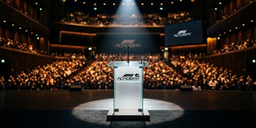 A high-end editorial-style visual of a blurred auditorium stage with a spotlight on a sleek, minimalist lectern, representing the premium $200k+ keynote circuit.