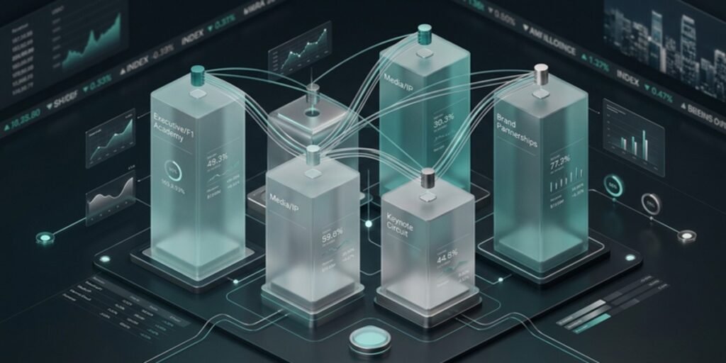 A technical financial network graph showing four main pillars of income: Executive Salary, Media & IP, Strategic Speaking, and Brand Endorsements.
