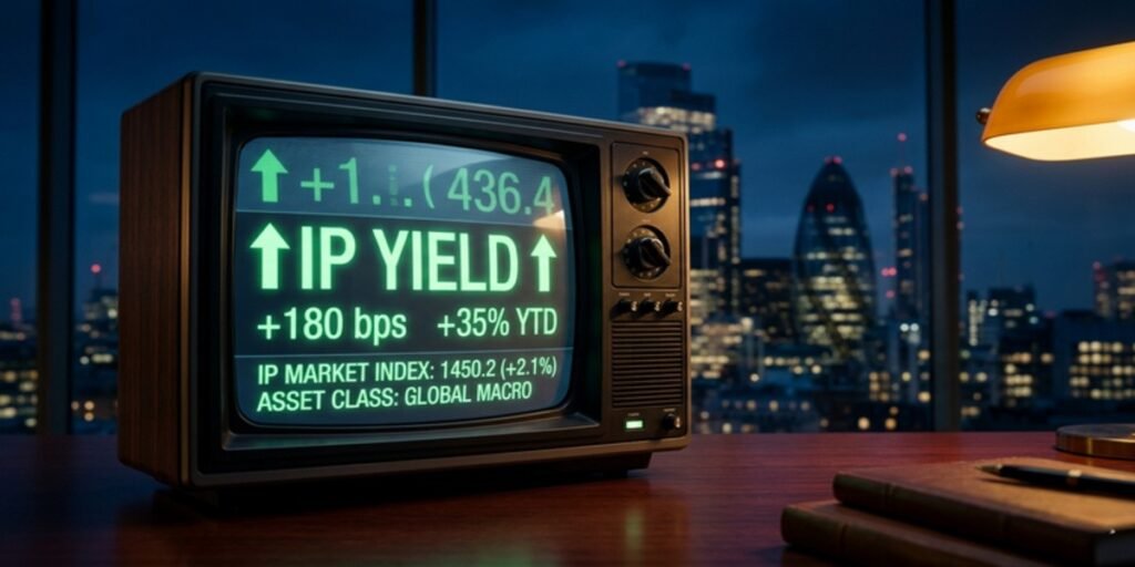 An isometric 3D data visualization showing the value increase of 1980s TV catalogs after the entry of global streaming platforms like BritBox and Netflix.