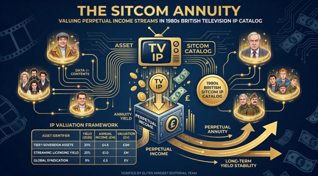 Elites Mindset Forensic Audit infographic analyzing the long-term yield stability of 1980s British sitcom IP as a high-yield annuity asset class.