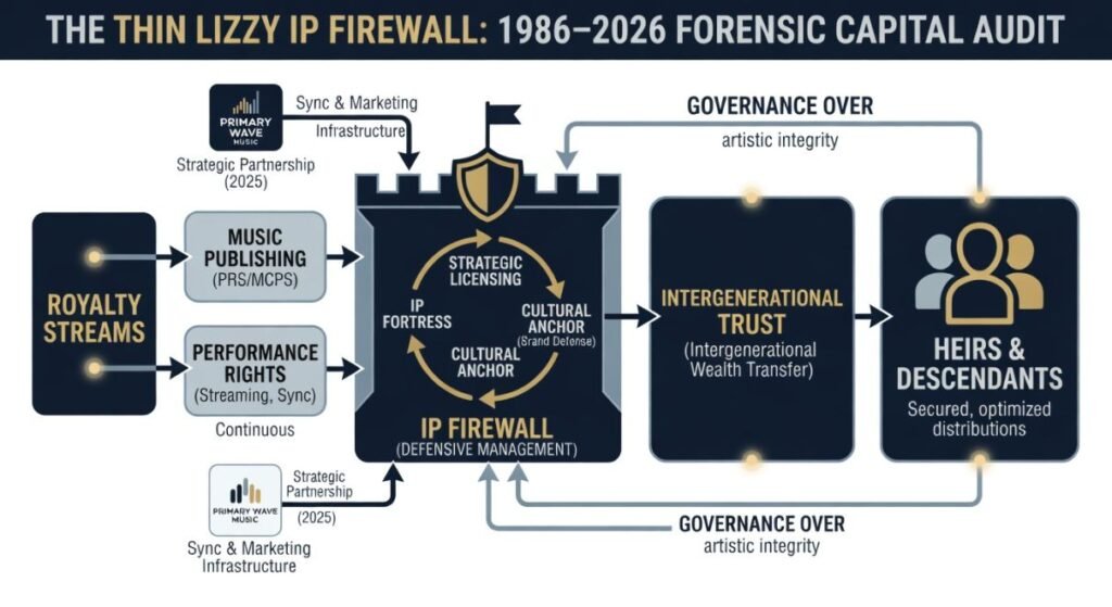 Thin Lizzy IP Firewall infographic: Diagram showing music royalties flow from streaming and PRS through the Lynott Estate Trust to Sarah and Cathleen Lynott heirs, featuring Primary Wave Music partnership (2026).
