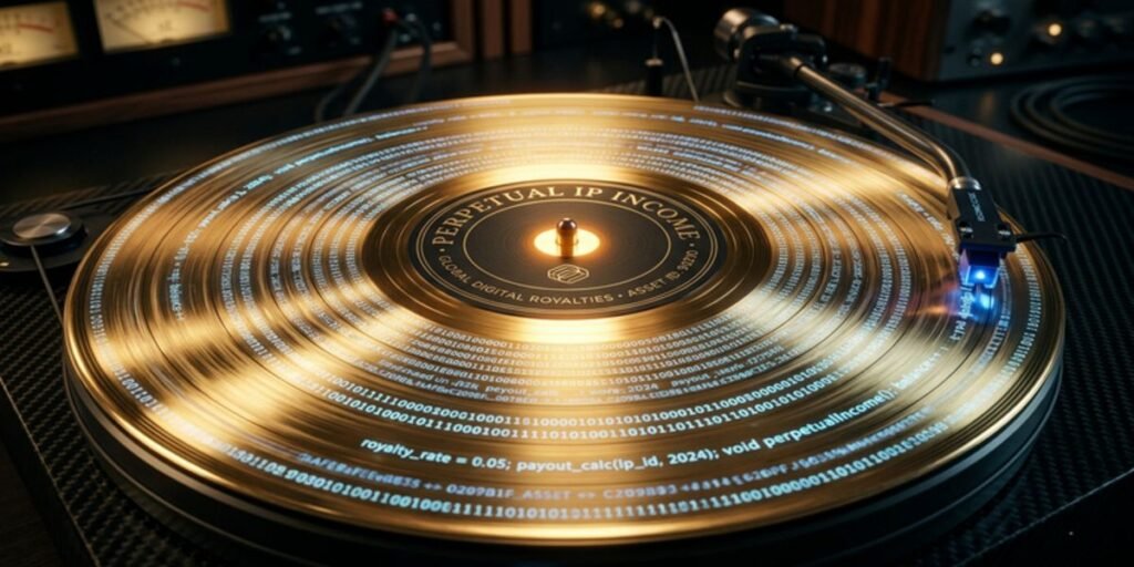 Abstract representation of digital streaming royalties and music catalog valuation growth for Thin Lizzy and Phil Lynott.