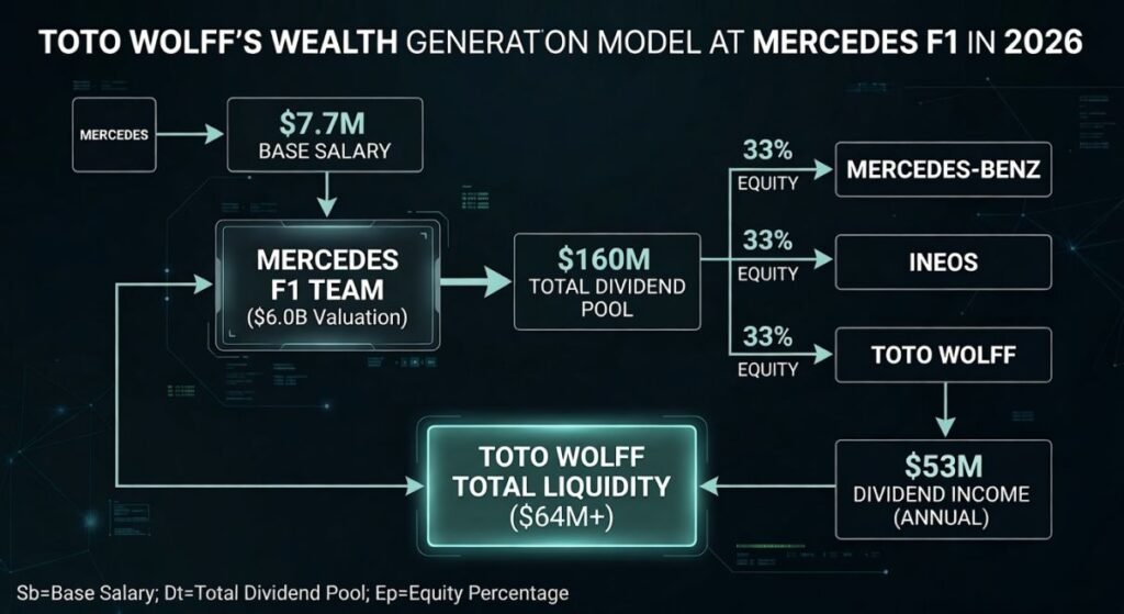 Financial flow diagram showing Toto Wolff’s total compensation structure at Mercedes F1 for 2026. It visualizes how his $7.7M base salary is dwarfed by the $53M dividend yield from his 33% equity stake in the $6.0B valued team.