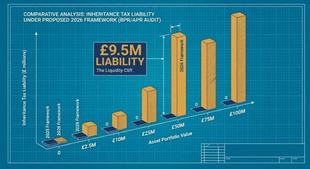 3D bar chart comparing 2025 vs 2026 IHT liability. Graph highlights the £9.5M tax liability for a £50M business estate under new BPR rules.