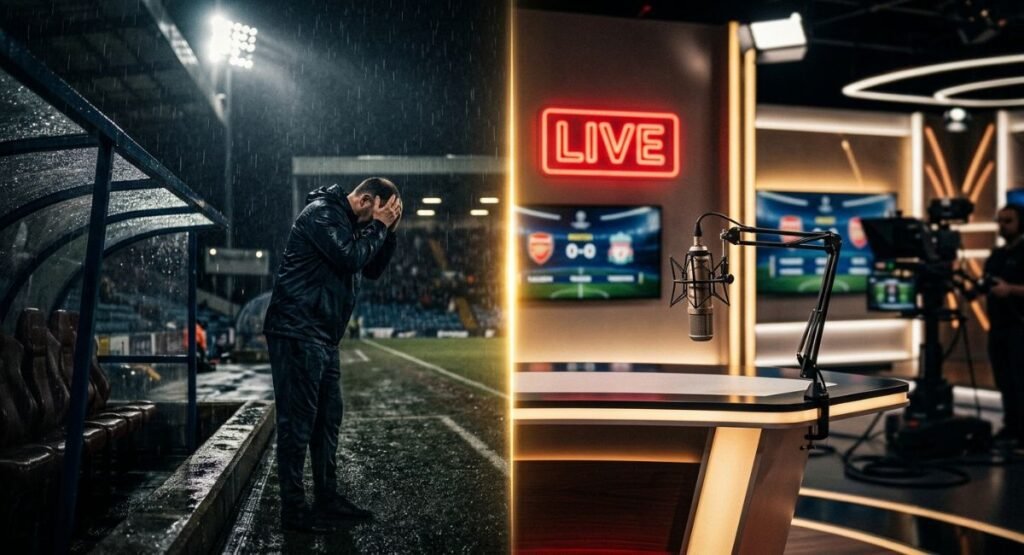 A conceptual split-screen image showing Wayne Rooney in a rainy football dugout versus a bright, stable broadcasting studio.
