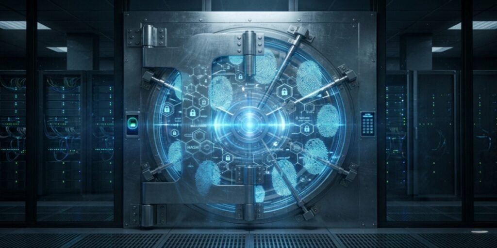 A conceptual digital vault protected by biometric scans and blockchain encryption for multi-jurisdictional UHNW estate planning.