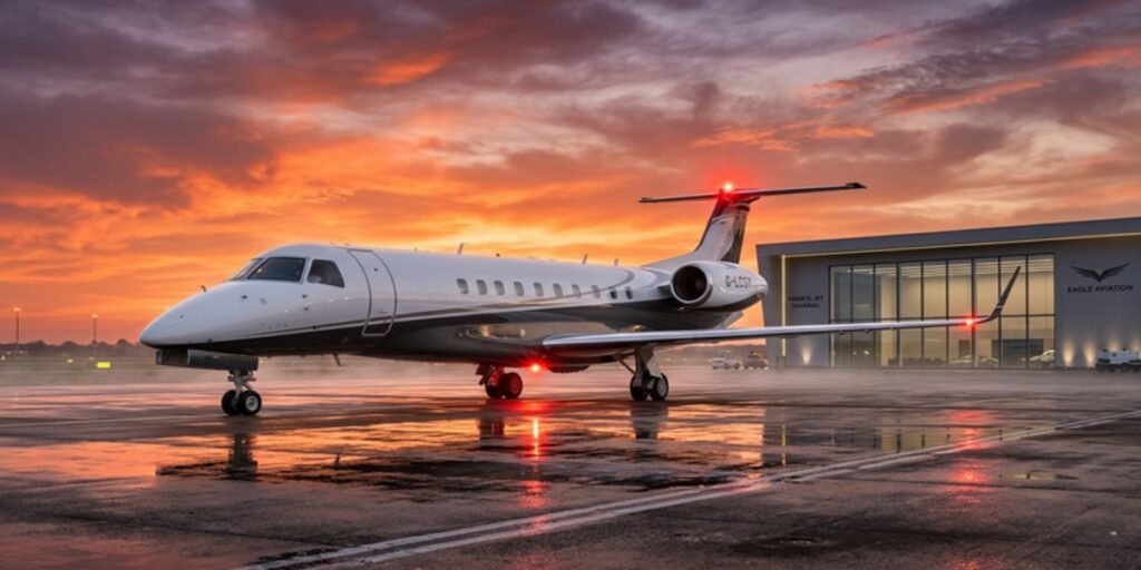 A luxury Embraer Legacy 650 business jet taxied on a private tarmac, representing the high-maintenance luxury operational assets of Amsair Executive Aviation.