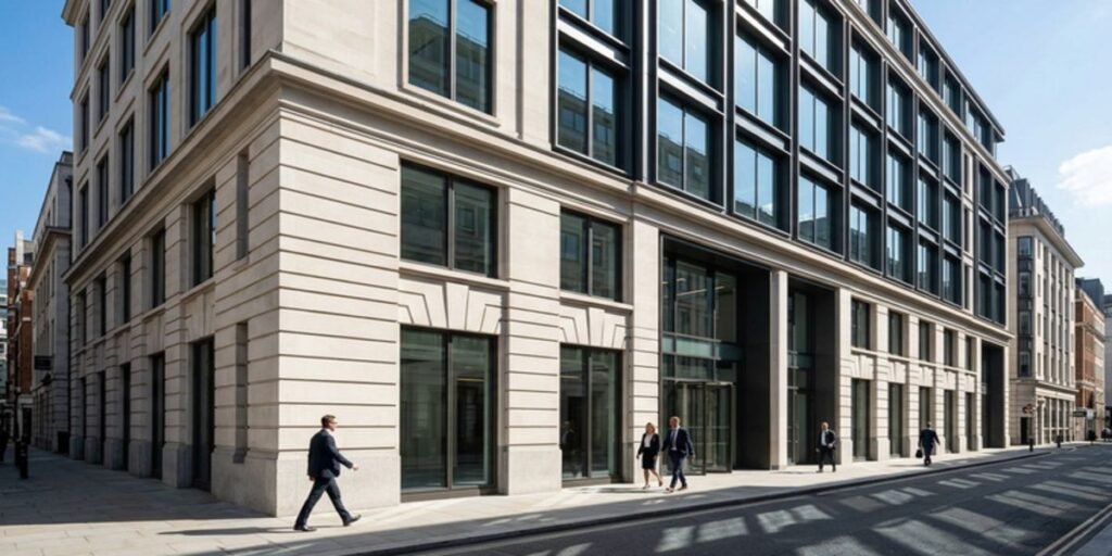 Exterior architectural photograph of a premium historic stone commercial freehold building in Central London, showcasing modern glass refurbishments under the Amsprop management strategy.