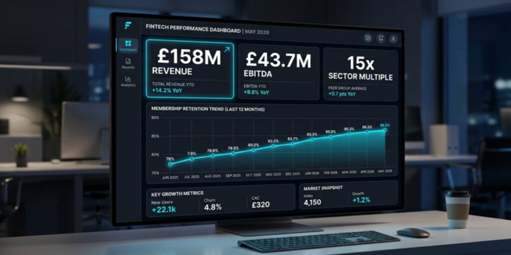 Financial dashboard showing Bannatyne Group 2026 revenue, EBITDA, and private equity valuation multiples.