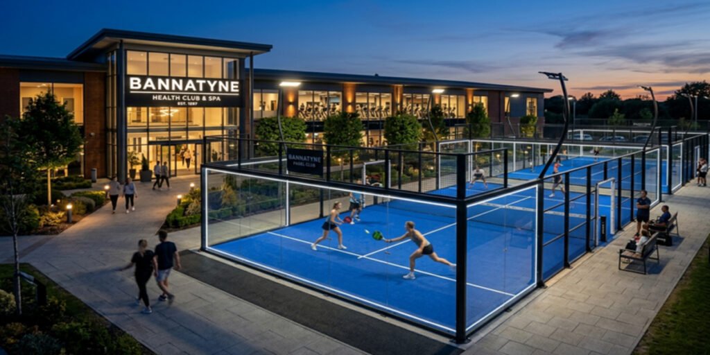 Luxury padel court installation at a Bannatyne Health Club showing 2026 expansion.