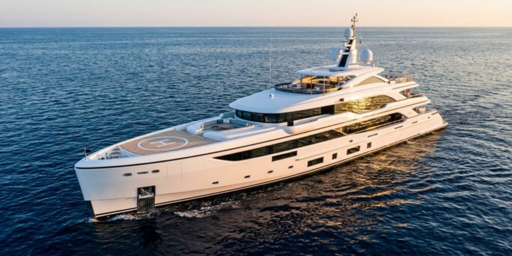 Sleek 63-meter custom Benetti superyacht Soundwave, formerly known as 11-11, cruising through the Mediterranean with a distinctive plumb bow and multi-deck luxury layout.