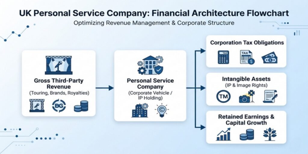 Structural flowchart illustrating how high-profile UK individuals route entertainment and performance revenue through Personal Service Companies (PSCs) for asset management and corporate tax structuring.