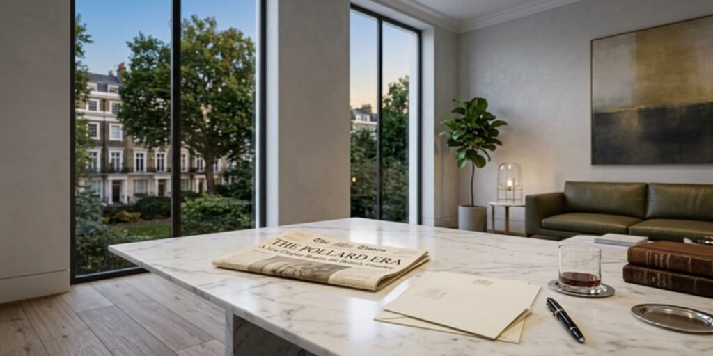 Luxury London townhouse interior representing the dynastic wealth and real estate holdings of the Winkleman-Pollard family.