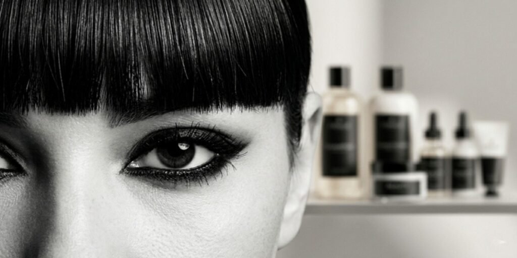 Close-up of Claudia Winkleman’s signature blunt fringe and eyeliner, representing her turnkey commercial brand equity.