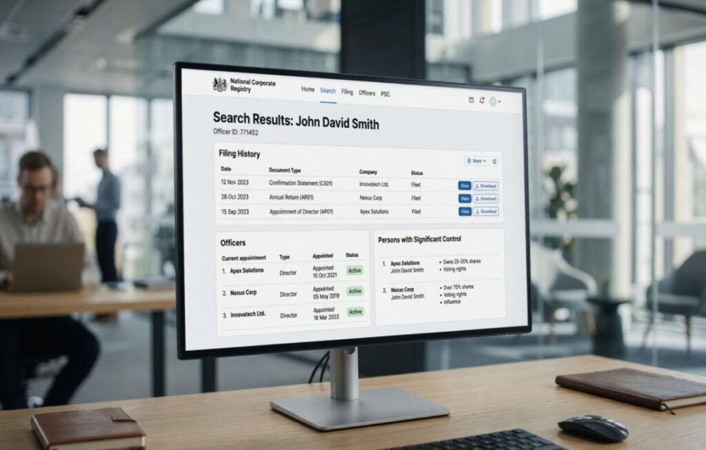 Desktop web browser mockup of a UK Companies House officer search screen, demonstrating how to isolate legal names, verify active appointments, and identify beneficial owners.