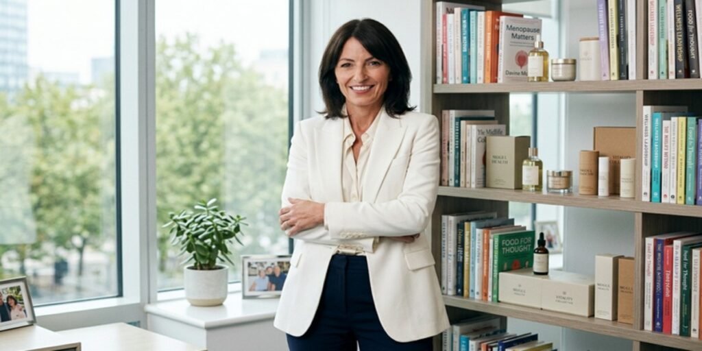 Davina McCall representing the 'Broadcaster-Founder' model in the menopause wellness market, worth millions in licensing and IP.