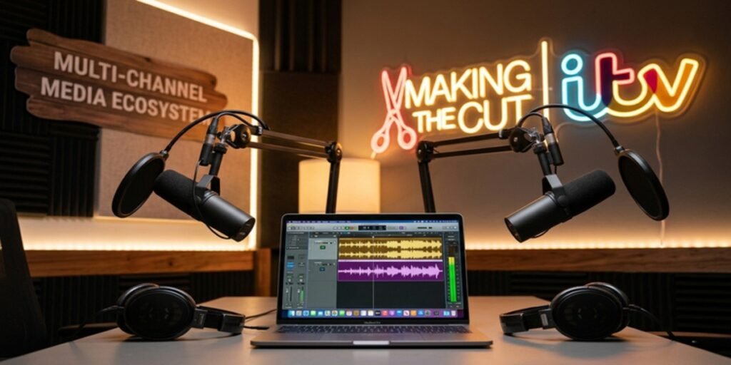 A visual representation of the joint media assets held by Davina McCall and Michael Douglas, including the 'Making The Cut' podcast and multi-channel distribution.