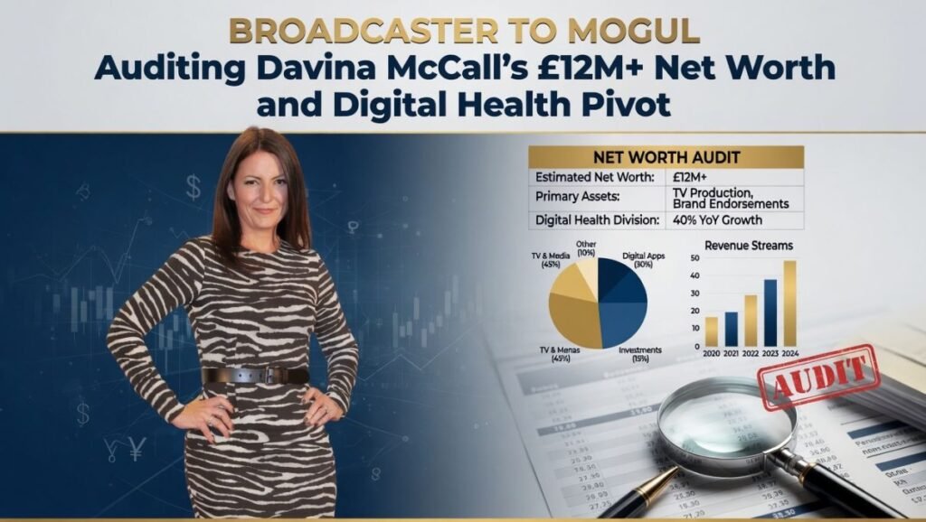 Forensic net worth audit of Davina McCall in 2026, featuring a data visualization overlay of OYG digital health revenue, real estate arbitrage, and broadcasting salary benchmarks against a financial trading background.