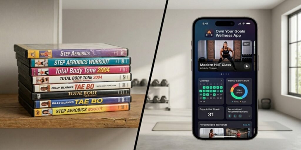 A comparison visual showing the evolution of Davina McCall's fitness empire from 1.4 million DVD sales to a high-yield digital subscription platform.