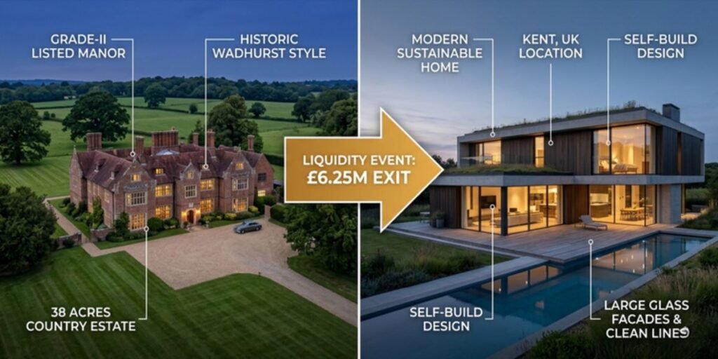 Architectural comparison between Davina McCall's former £6.25 million Wadhurst estate and her modern £3.4 million Kent self-build property.