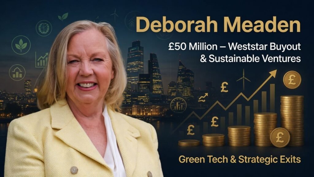 Editorial profile graphic of Deborah Meaden for Elites Mindset, displaying her £50 million net worth, Weststar buyout legacy, and sustainable ventures. Background features a cityscape at twilight with eco-themed financial icons, gold coin stacks, and wind turbine markers.