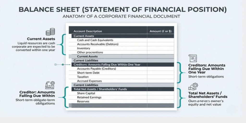 Financial document diagram detailing where to locate Cash at Bank, Current Assets, Creditors, and Total Net Assets on a UK GAAP statutory filing.