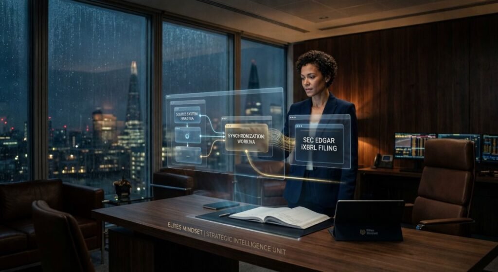 A forensic financial auditor analyzes a holographic flow chart demonstrating a 'Zero-Touch' data pipeline from a Finastra treasury ledger to a Workiva synchronization layer and final SEC EDGAR iXBRL filing, eliminating the 'Original Quote Gap.