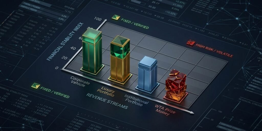 A 3D data visualization matrix comparing Emma Raducanu’s stable corporate endorsement cash flows against volatile WTA Tour prize money earnings for her 2026 valuation framework.