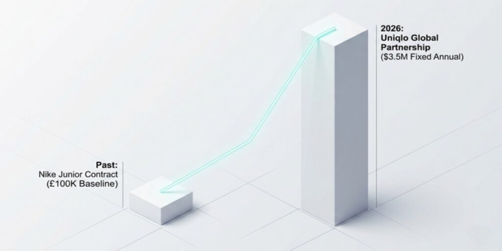 Financial comparison infographic detailing Emma Raducanu's commercial migration from a baseline Nike junior contract to a 3.5 million dollar annual Uniqlo corporate partnership.