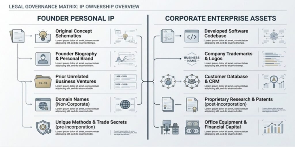 Split matrix layout mapping ownership boundaries between founder personal IP and enterprise corporate assets to mitigate valuation risk during exits.