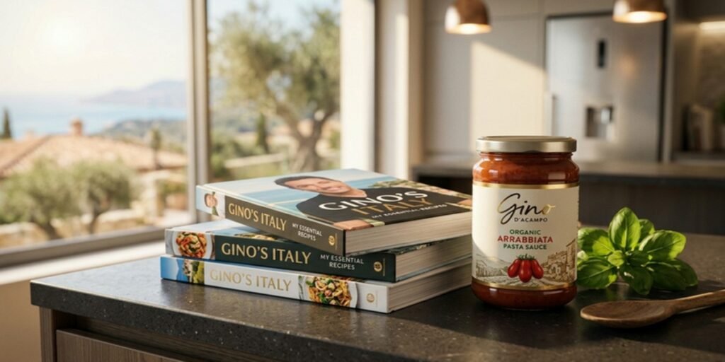 A premium lifestyle composition of Gino D'Acampo branded cookbooks and Italian food products in a high-end retail setting.